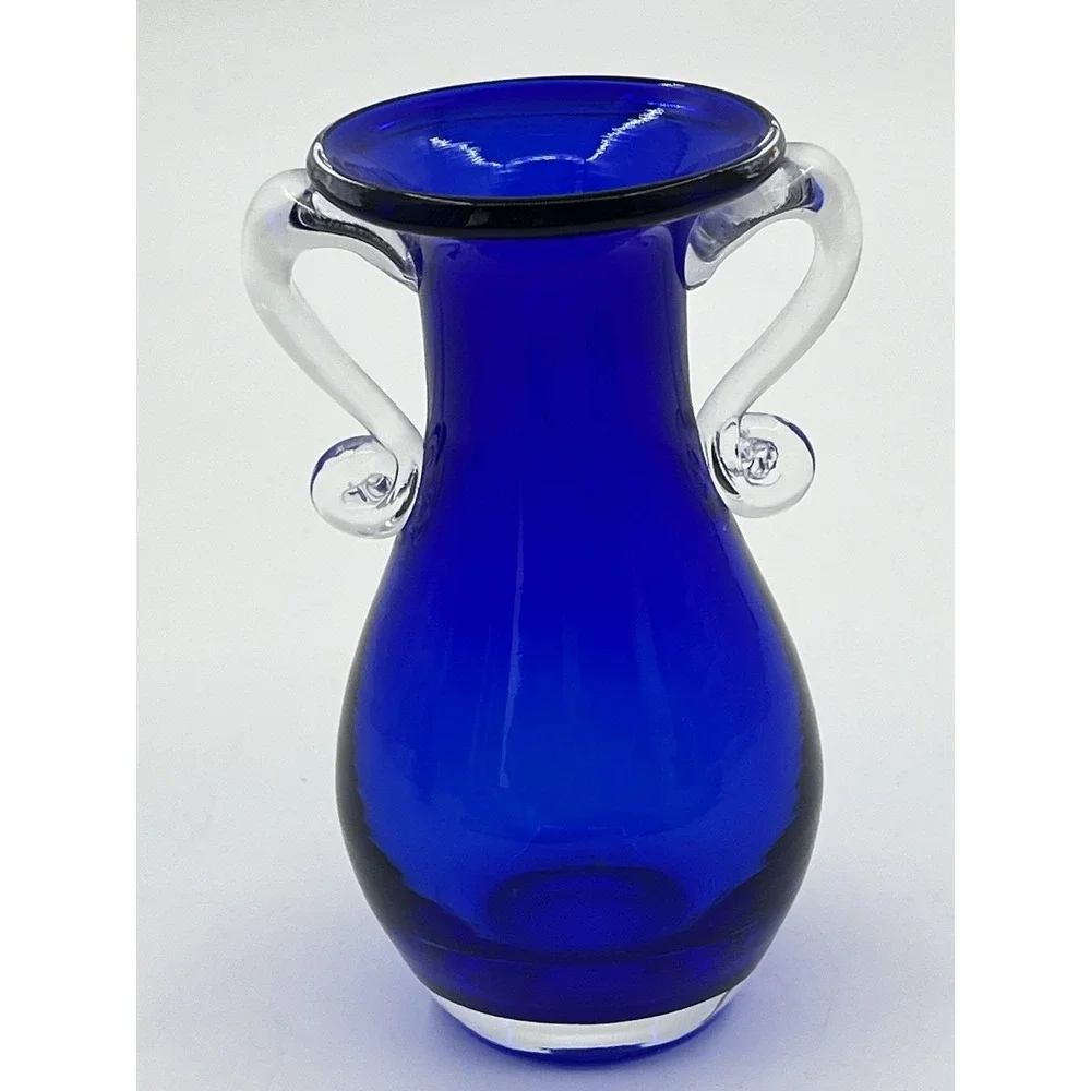 Vintage Cobalt Blue Vase Glass Bouquet With Applied Clear Glass Handles EUC